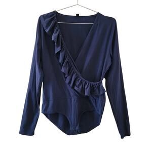 J Crew Navy Blue Ruffle V Neck Long Sleeve Bodysuit Womens Size L Slim Fit